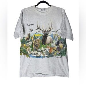 VTG Priest Lake Wildlife Nature T-Shirt Large AOP Elk Wolf Bear USA Cal Cru 90s